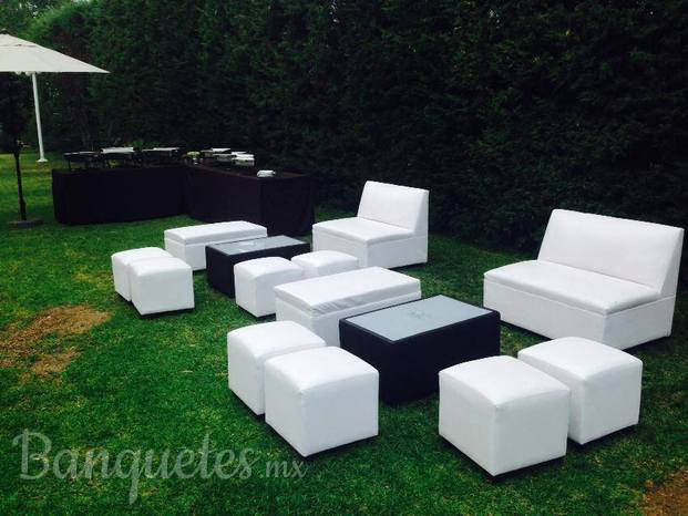 Salas lounge en color blanco con centro de mesa en color chocolate